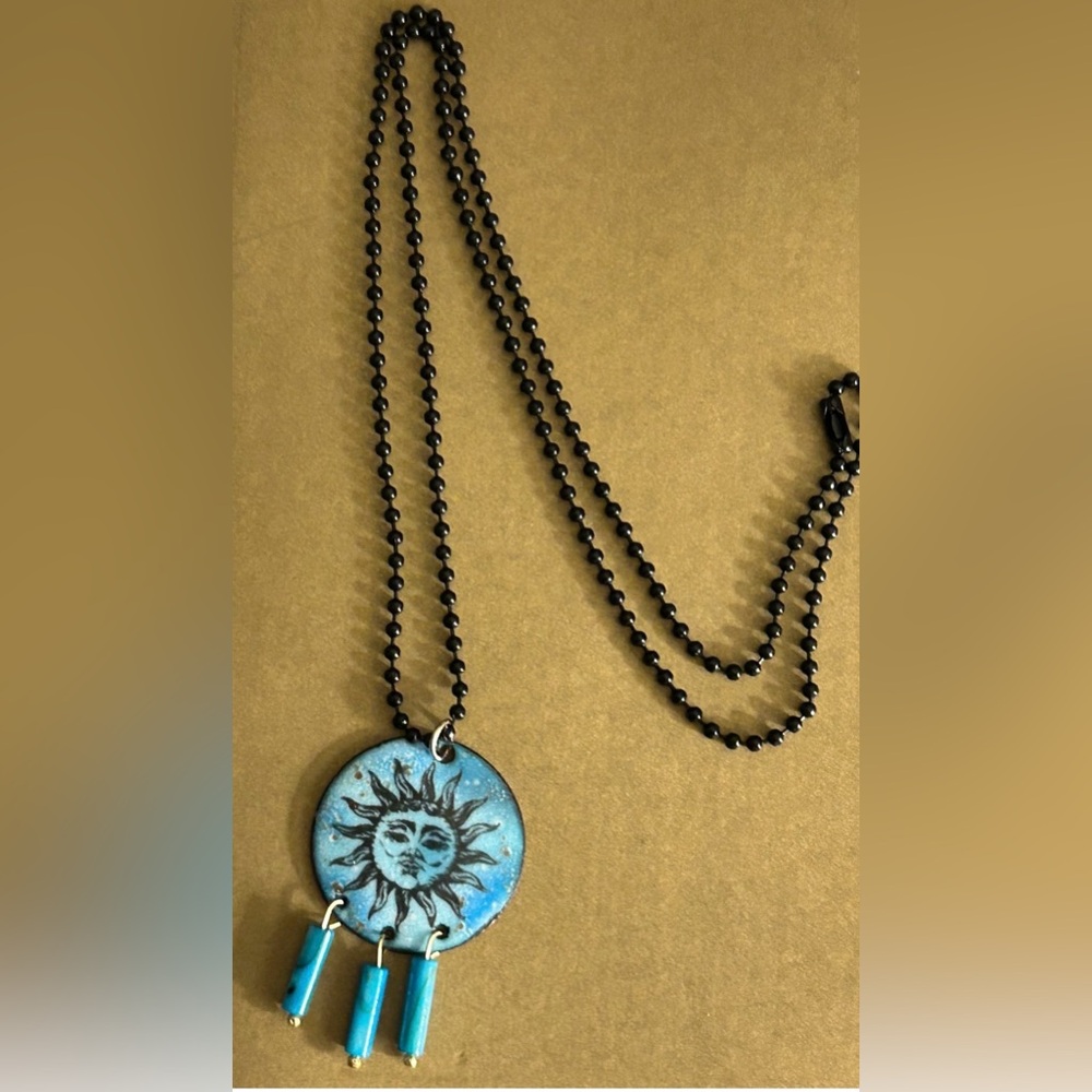 Necklace NWOT Artisan copper enamel Sun, Mother of Pearl beads, black ball chain